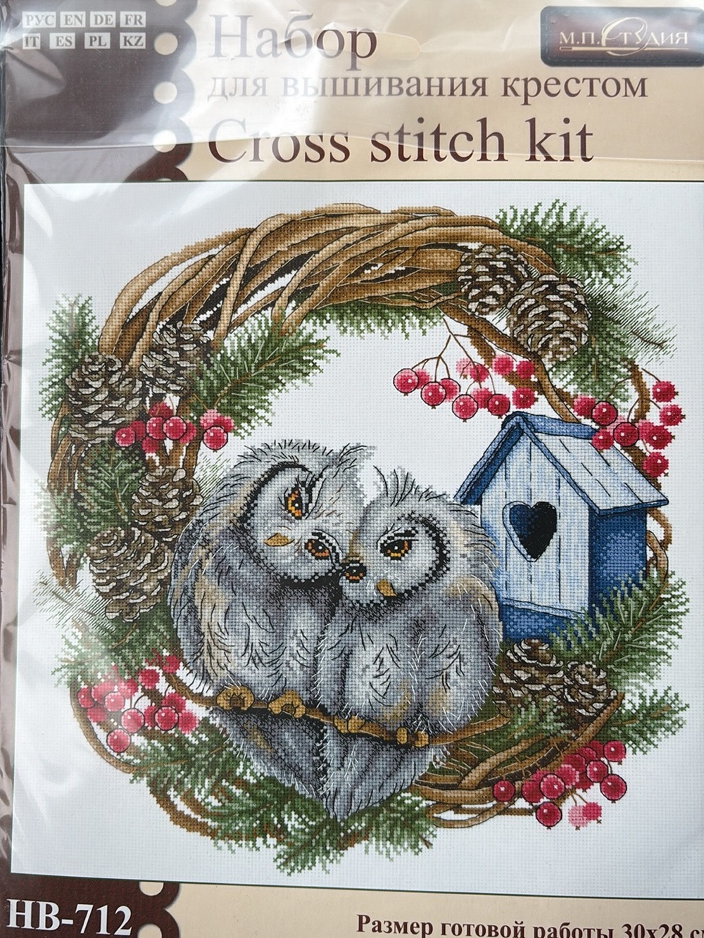 MP Studia Owl Devotion Cross Stitch Kit with Two Owls and Blue Birdhouse